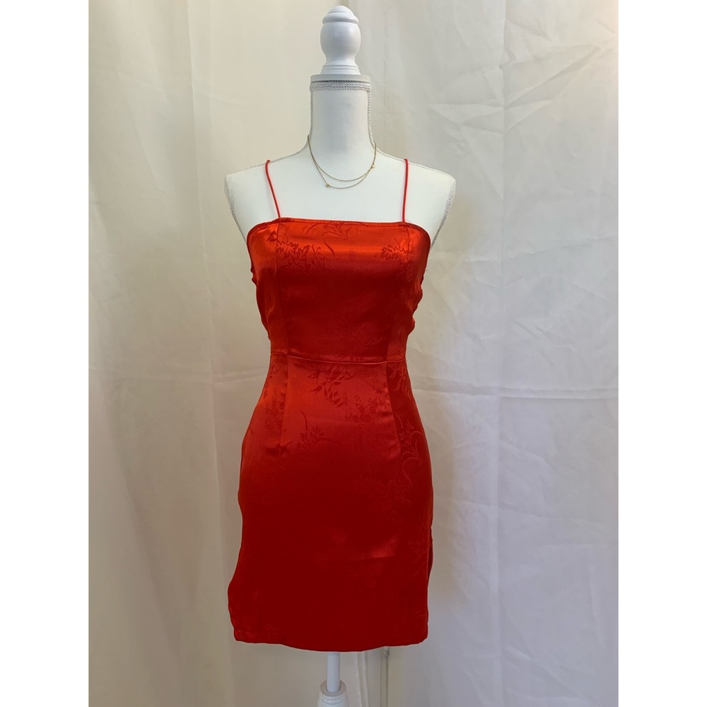 Red Satin Lace Up Back Bodycon Dress